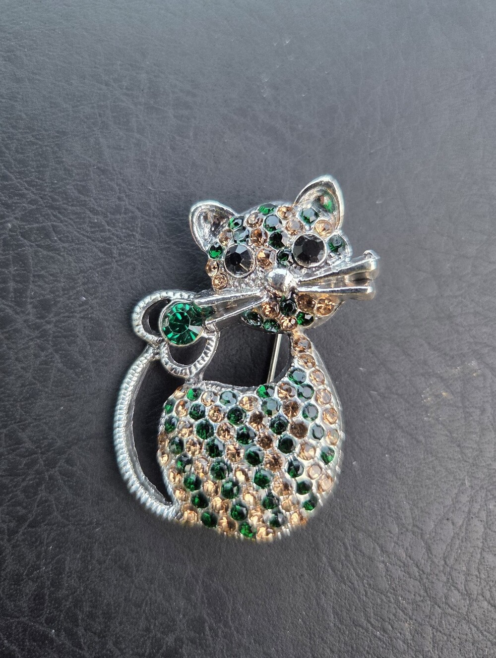 Crystal Cat Brooch Pin - Green and Gold Accent